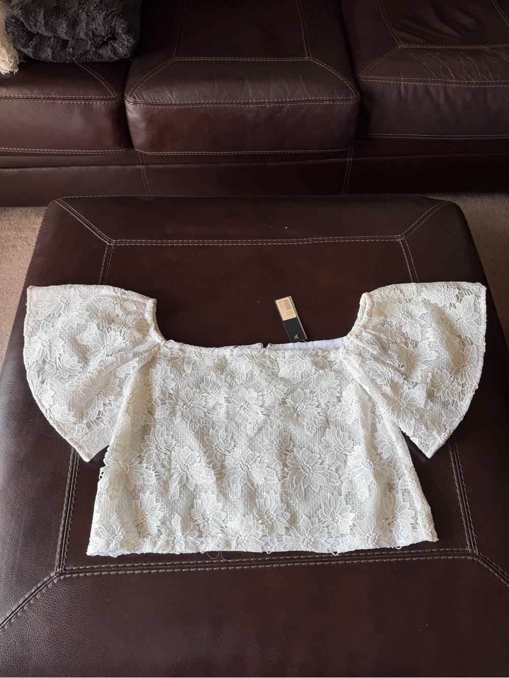 NICHOLAS White Floral Lace Off-Shoulder Puff Sleeve Crop Top